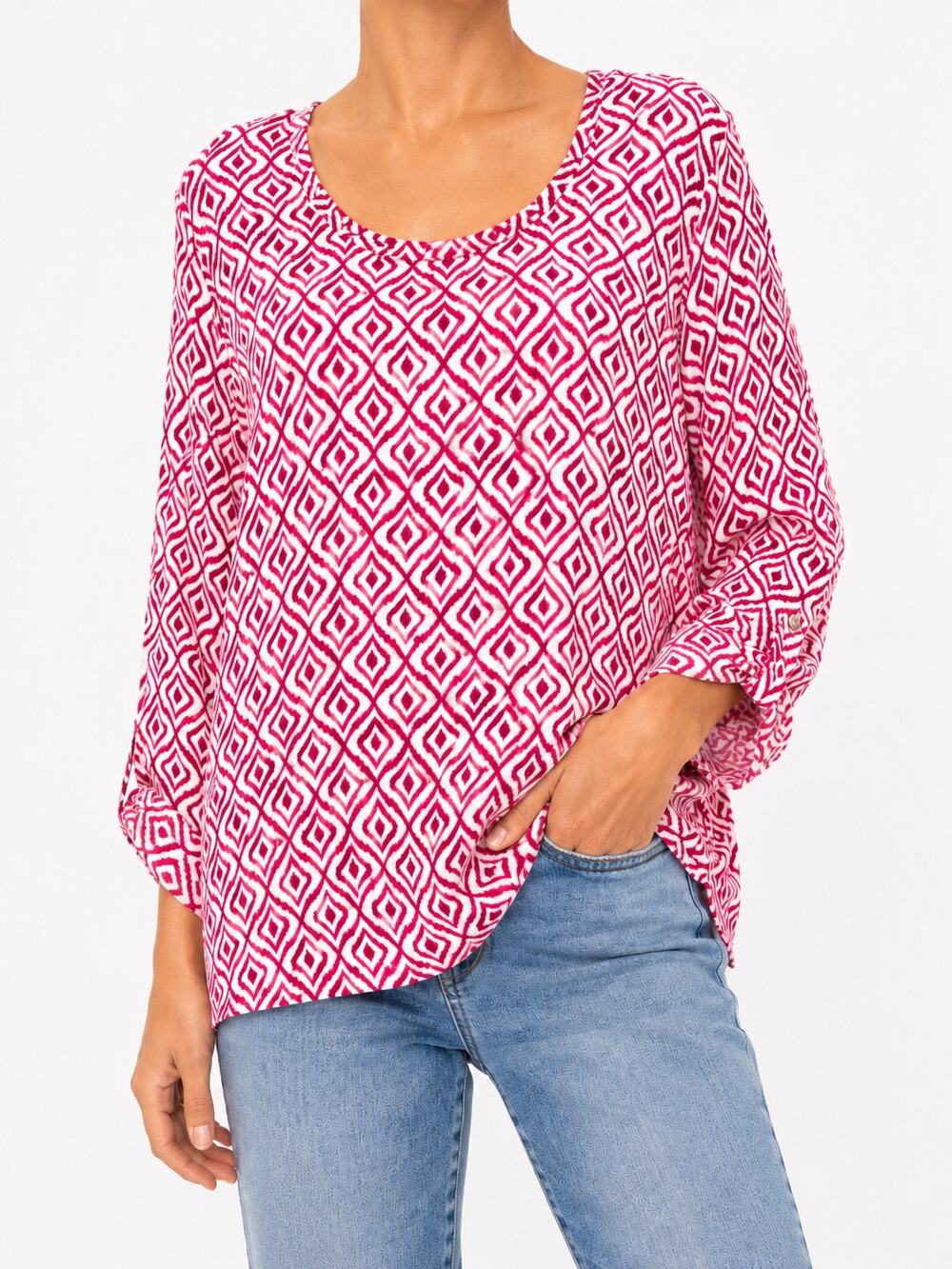 CHICO’S Pink White Geometric Diamond Print Roll Tab Cotton Modal Top Size 3 XL